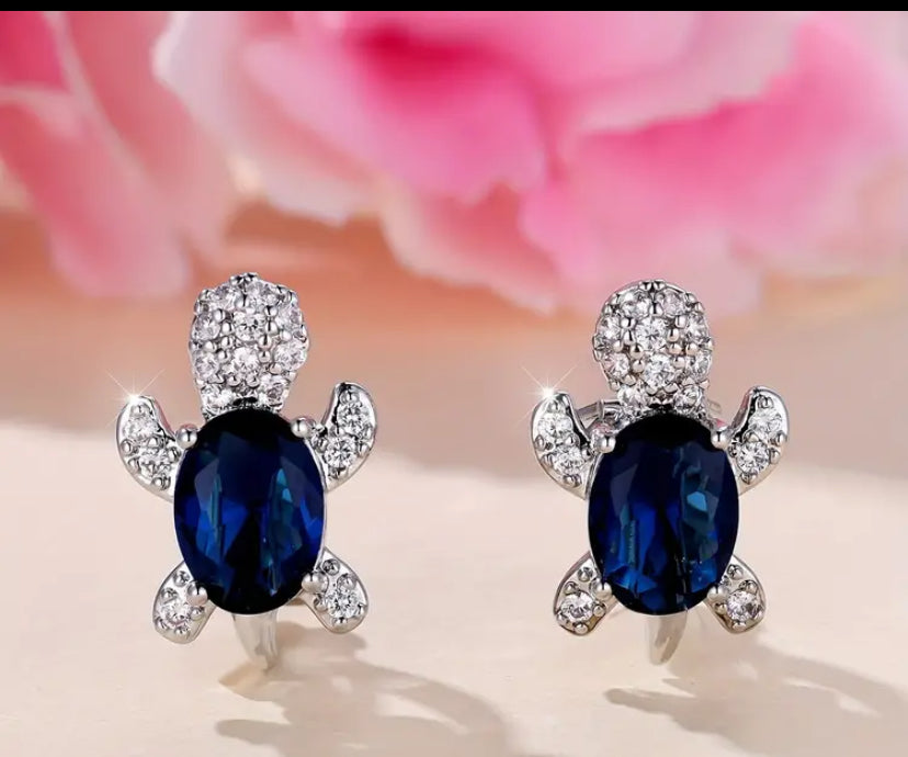 Blue Crystal Turtle Earrings