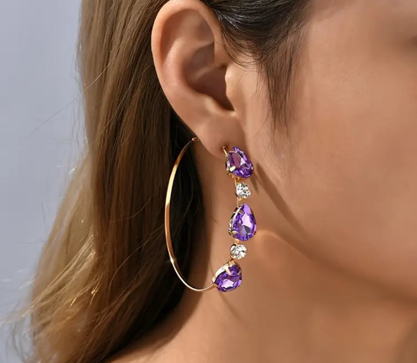 Pink Crystal Drop Heart Hoop Earrings