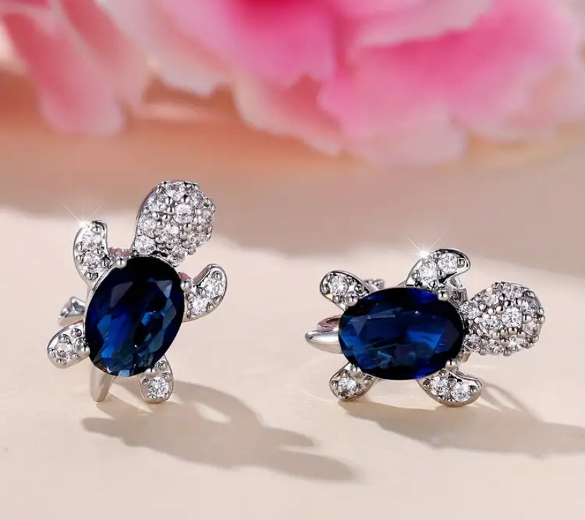 Blue Crystal Turtle Earrings